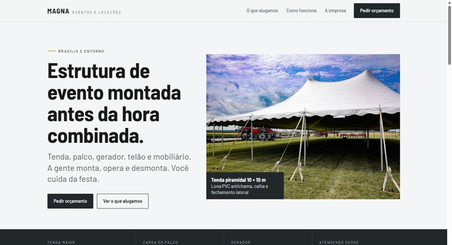 Prévia da direção 1, fundo claro com tenda branca e faixa escura de números