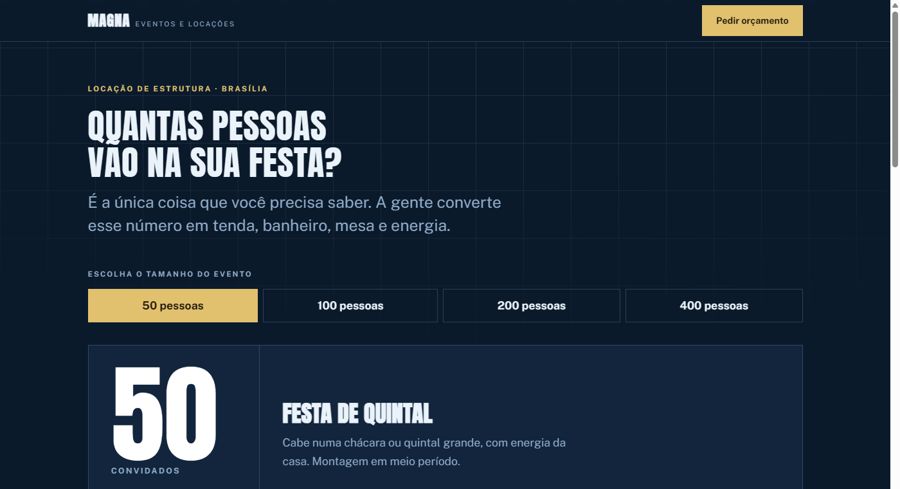 Prévia da direção 2, fundo azul escuro com seletor de tamanho de evento e número grande